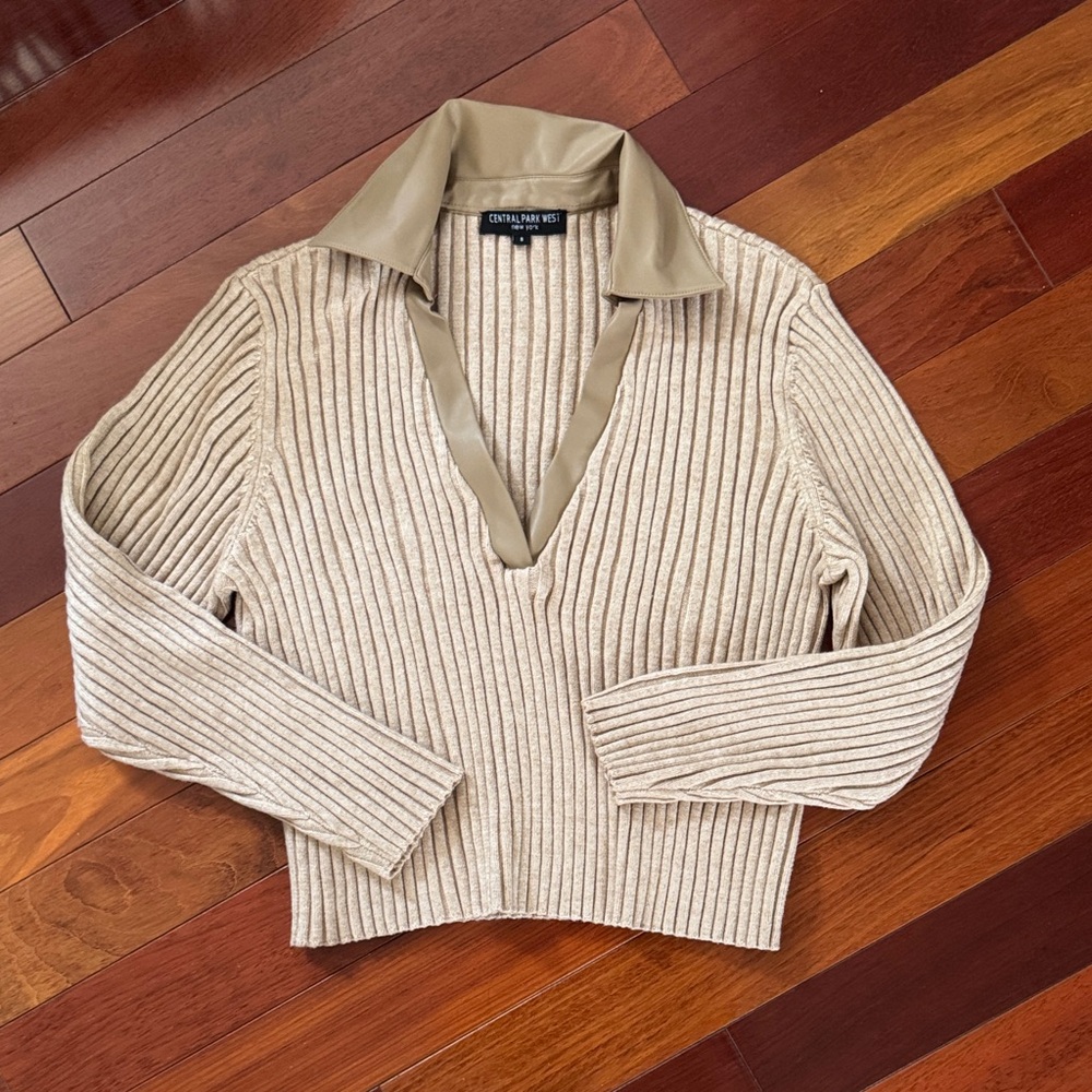 Beige Ribbed Sweater with Leather Collar